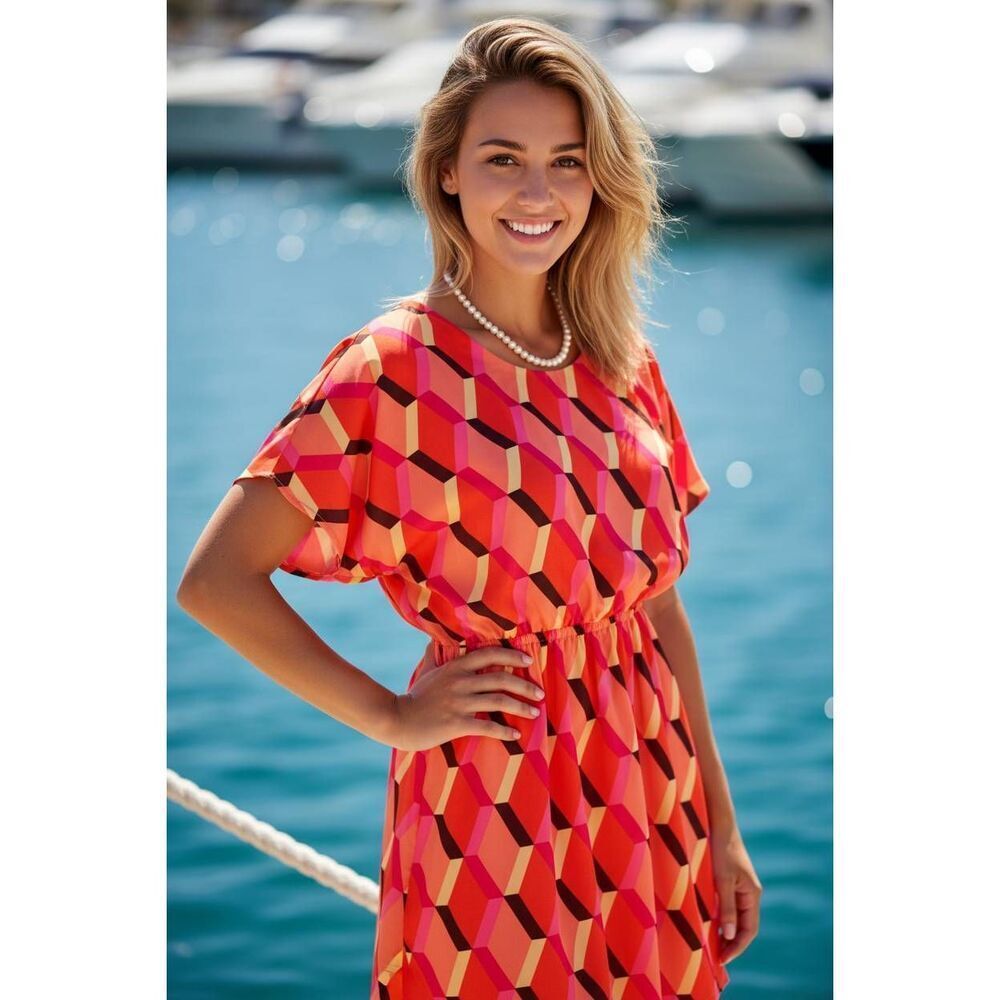 🔹️Retro Bright Geometric Patterned Batwing Dress Medium
